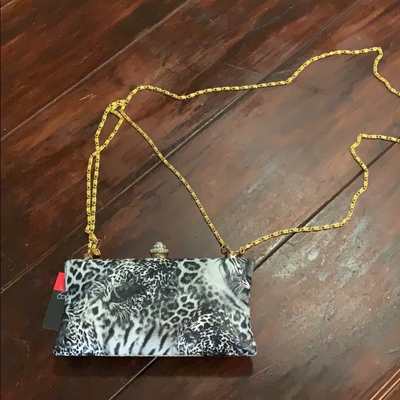 Handbags - NWT clutch snow leopard w/cat print jeweled close